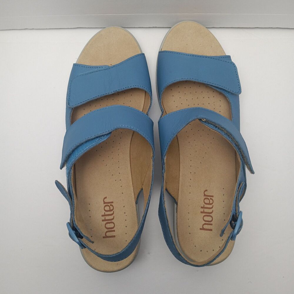 Hotter Easy Sandals Soft Blue Leather Low Wedge Comfort Walking Shoes Womens 8.5